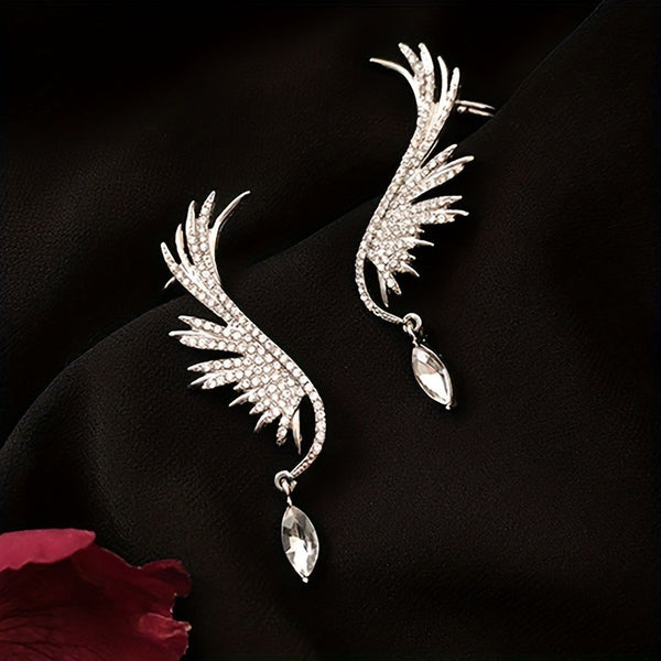 Celestial Wing Ear Cuff - Silver Crystal Drop