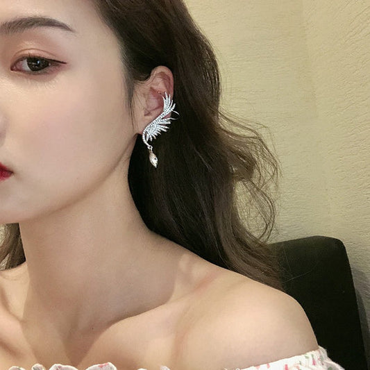 Celestial Wing Ear Cuff - Silver Crystal Drop