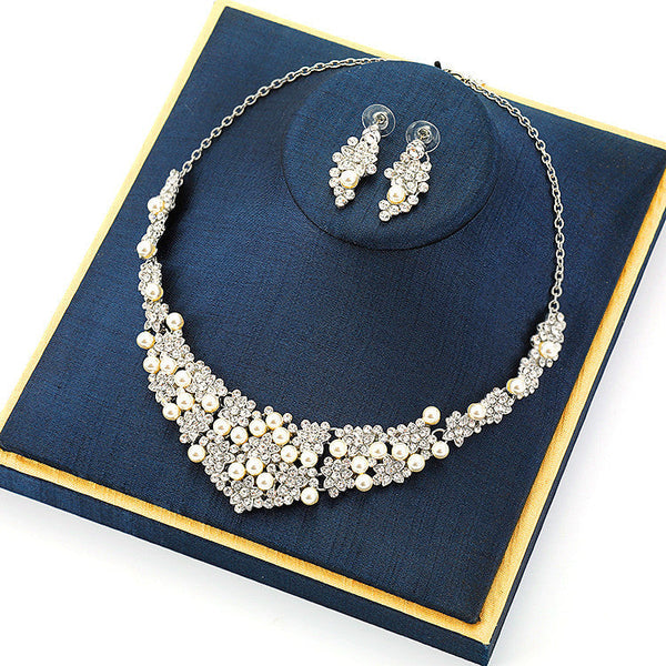 Ivory Blossom Elegance: Pearl & Crystal Bridal Necklace & Earrings Set